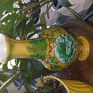 Signed 20th century Antique majolica  ceramic Chinese  dragon vase collectible